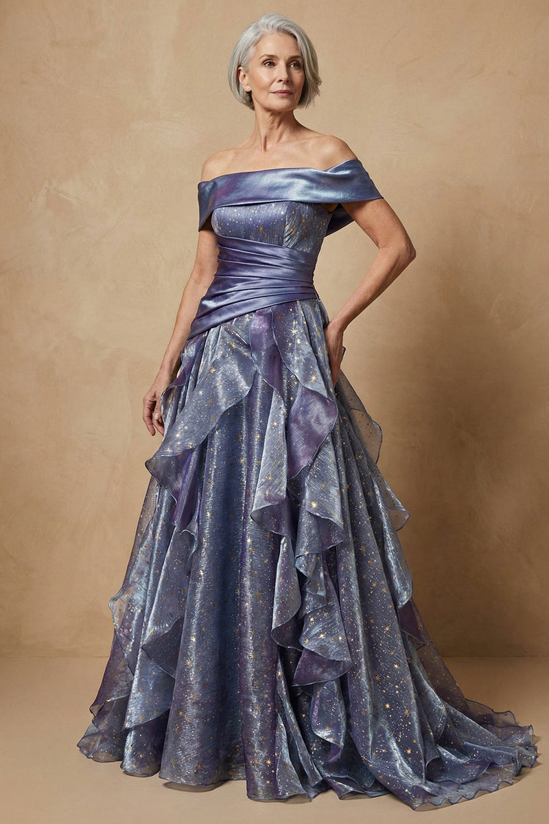 Load image into Gallery viewer, Sparkly Dusty Blue Ruffled Off the Shoulder Long Glitter Prom Dress Mother of the Bride Dress