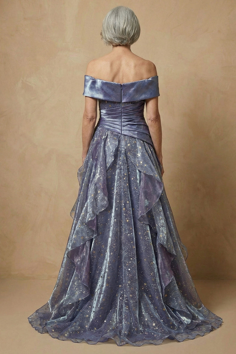 Load image into Gallery viewer, Sparkly Dusty Blue Ruffled Off the Shoulder Long Glitter Prom Dress Mother of the Bride Dress