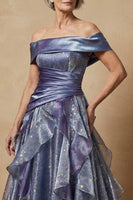 Load image into Gallery viewer, Sparkly Dusty Blue Ruffled Off the Shoulder Long Glitter Prom Dress Mother of the Bride Dress