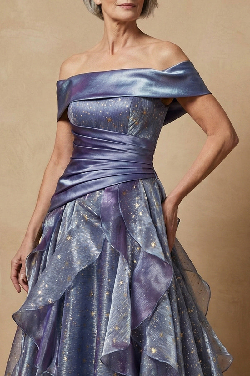 Load image into Gallery viewer, Sparkly Dusty Blue Ruffled Off the Shoulder Long Glitter Prom Dress Mother of the Bride Dress