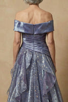 Load image into Gallery viewer, Sparkly Dusty Blue Ruffled Off the Shoulder Long Glitter Prom Dress Mother of the Bride Dress