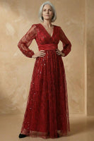 Load image into Gallery viewer, Sparkly Burgundy V Neck Sequin A Line Long Mother of the Bride Dress