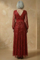 Load image into Gallery viewer, Sparkly Burgundy V Neck Sequin A Line Long Mother of the Bride Dress