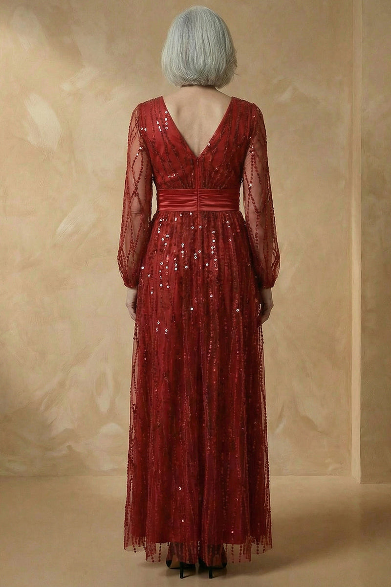 Load image into Gallery viewer, Sparkly Burgundy V Neck Sequin A Line Long Mother of the Bride Dress