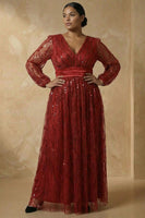 Load image into Gallery viewer, Sparkly Burgundy V Neck Sequin A Line Long Mother of the Bride Dress