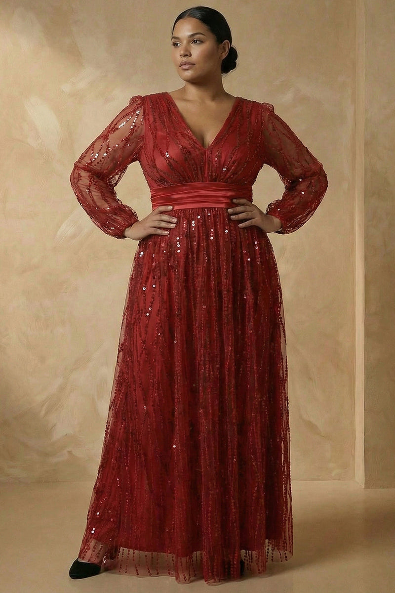 Load image into Gallery viewer, Sparkly Burgundy V Neck Sequin A Line Long Mother of the Bride Dress
