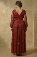Load image into Gallery viewer, Sparkly Burgundy V Neck Sequin A Line Long Mother of the Bride Dress