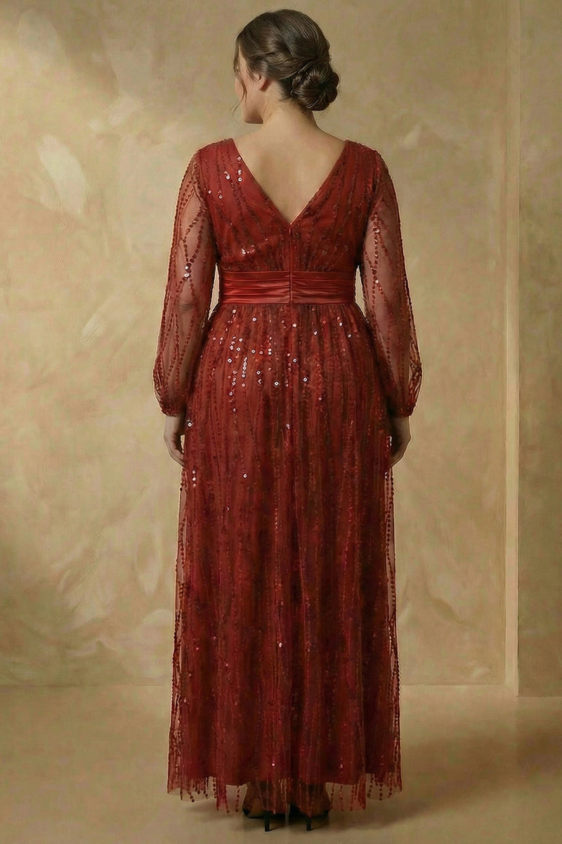 Load image into Gallery viewer, Sparkly Burgundy V Neck Sequin A Line Long Mother of the Bride Dress