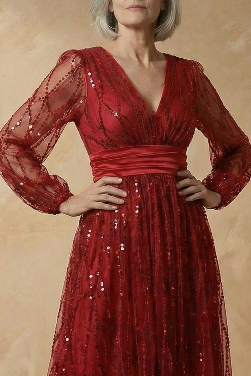 Load image into Gallery viewer, Sparkly Burgundy V Neck Sequin A Line Long Mother of the Bride Dress
