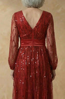 Load image into Gallery viewer, Sparkly Burgundy V Neck Sequin A Line Long Mother of the Bride Dress