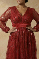 Load image into Gallery viewer, Sparkly Burgundy V Neck Sequin A Line Long Mother of the Bride Dress