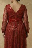 Load image into Gallery viewer, Sparkly Burgundy V Neck Sequin A Line Long Mother of the Bride Dress