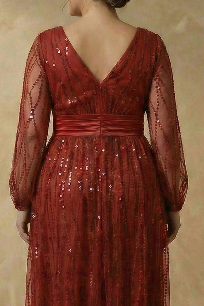 Load image into Gallery viewer, Sparkly Burgundy V Neck Sequin A Line Long Mother of the Bride Dress
