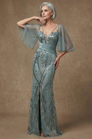 Load image into Gallery viewer, Sparkly Grey Green Appliqued Sequin Long Mermaid Mother of the Bride Dress with Slit