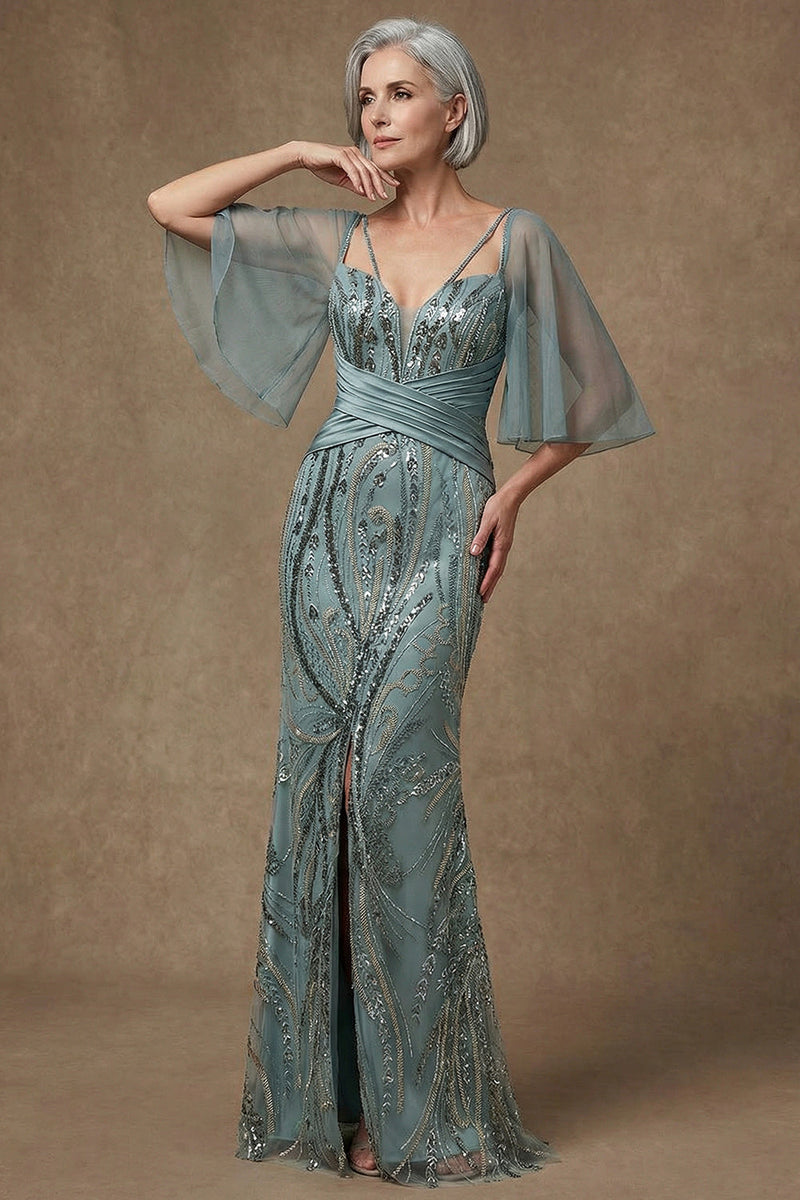 Load image into Gallery viewer, Sparkly Grey Green Appliqued Sequin Long Mermaid Mother of the Bride Dress with Slit