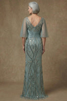 Load image into Gallery viewer, Sparkly Grey Green Appliqued Sequin Long Mermaid Mother of the Bride Dress with Slit
