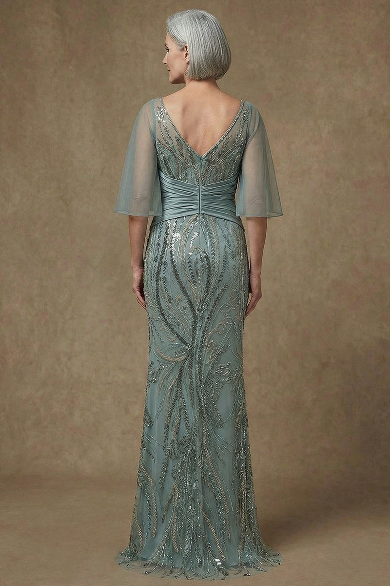 Load image into Gallery viewer, Sparkly Grey Green Appliqued Sequin Long Mermaid Mother of the Bride Dress with Slit