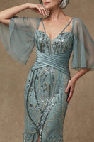 Load image into Gallery viewer, Sparkly Grey Green Appliqued Sequin Long Mermaid Mother of the Bride Dress with Slit