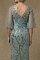 Load image into Gallery viewer, Sparkly Grey Green Appliqued Sequin Long Mermaid Mother of the Bride Dress with Slit