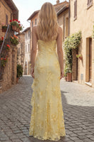 Load image into Gallery viewer, Yellow Spaghetti Straps Mermaid Ruffled Floral Long Prom Dress with Slit
