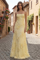 Load image into Gallery viewer, Yellow Spaghetti Straps A Line Floral Appliqued Long Prom Dress