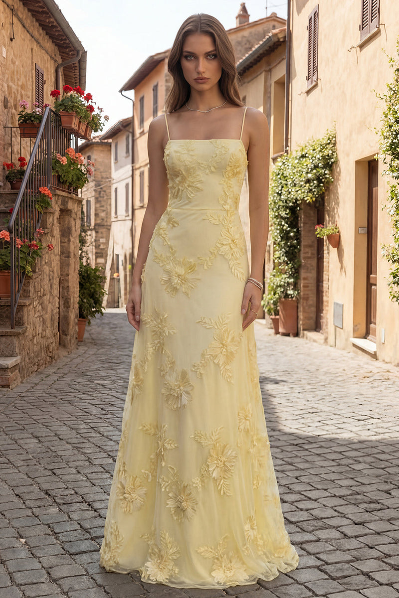 Load image into Gallery viewer, Yellow Spaghetti Straps A Line Floral Appliqued Long Prom Dress