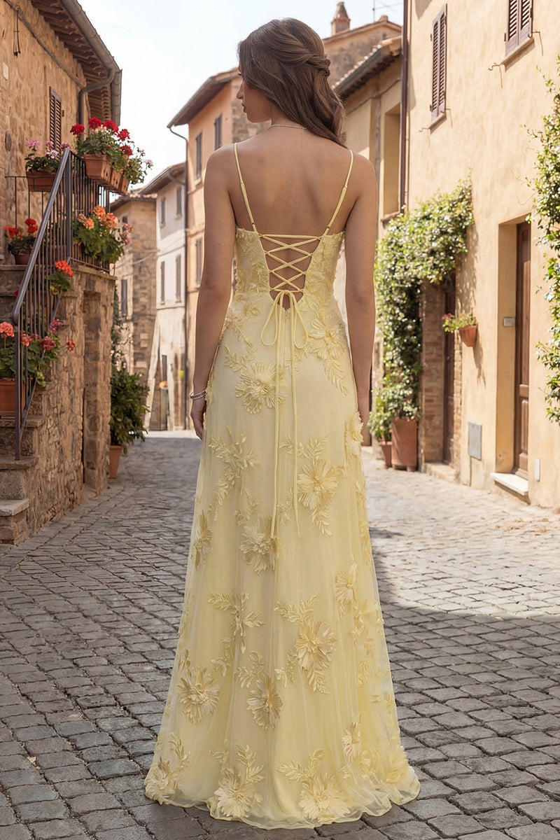 Load image into Gallery viewer, Yellow Spaghetti Straps A Line Floral Appliqued Long Prom Dress