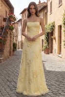 Load image into Gallery viewer, Yellow Spaghetti Straps A Line Floral Appliqued Long Prom Dress