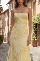 Load image into Gallery viewer, Yellow Spaghetti Straps A Line Floral Appliqued Long Prom Dress