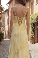 Load image into Gallery viewer, Yellow Spaghetti Straps A Line Floral Appliqued Long Prom Dress