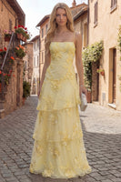 Load image into Gallery viewer, Yellow Tiered Spaghetti Straps Ruffled Floral Long A Line Prom Dress