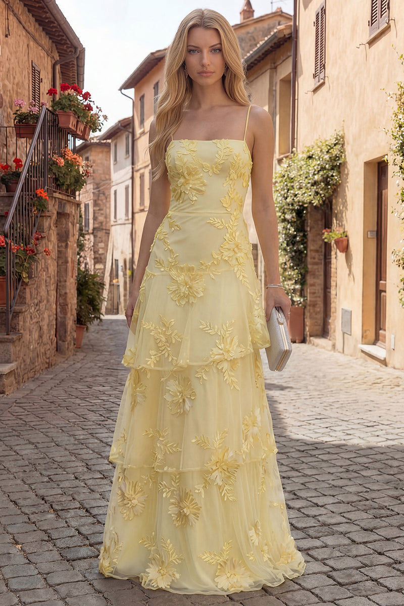 Load image into Gallery viewer, Yellow Tiered Spaghetti Straps Ruffled Floral Long A Line Prom Dress