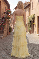 Load image into Gallery viewer, Yellow Tiered Spaghetti Straps Ruffled Floral Long A Line Prom Dress