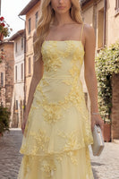 Load image into Gallery viewer, Yellow Tiered Spaghetti Straps Ruffled Floral Long A Line Prom Dress