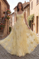 Load image into Gallery viewer, Floral Yellow Beaded Square Neck A Line Long Prom Dress
