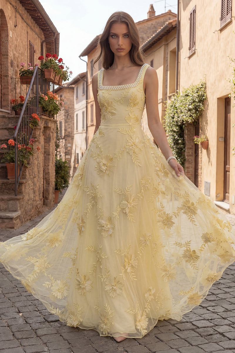 Load image into Gallery viewer, Floral Yellow Beaded Square Neck A Line Long Prom Dress