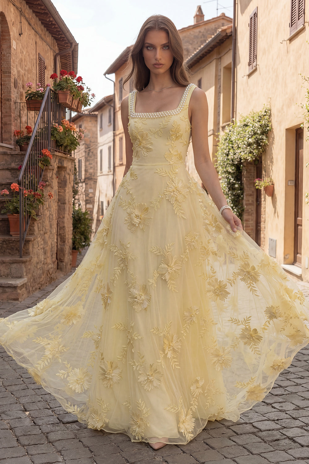 yellow beaded dress Queendancer Women Floral Long Prom with Pearls A Line Square Neck Tulle Pageant Dress – queendancer a scoop neckline 2.00 prom dresses blue lace Color::#23-Tangerine