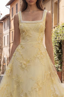 Load image into Gallery viewer, Floral Yellow Beaded Square Neck A Line Long Prom Dress