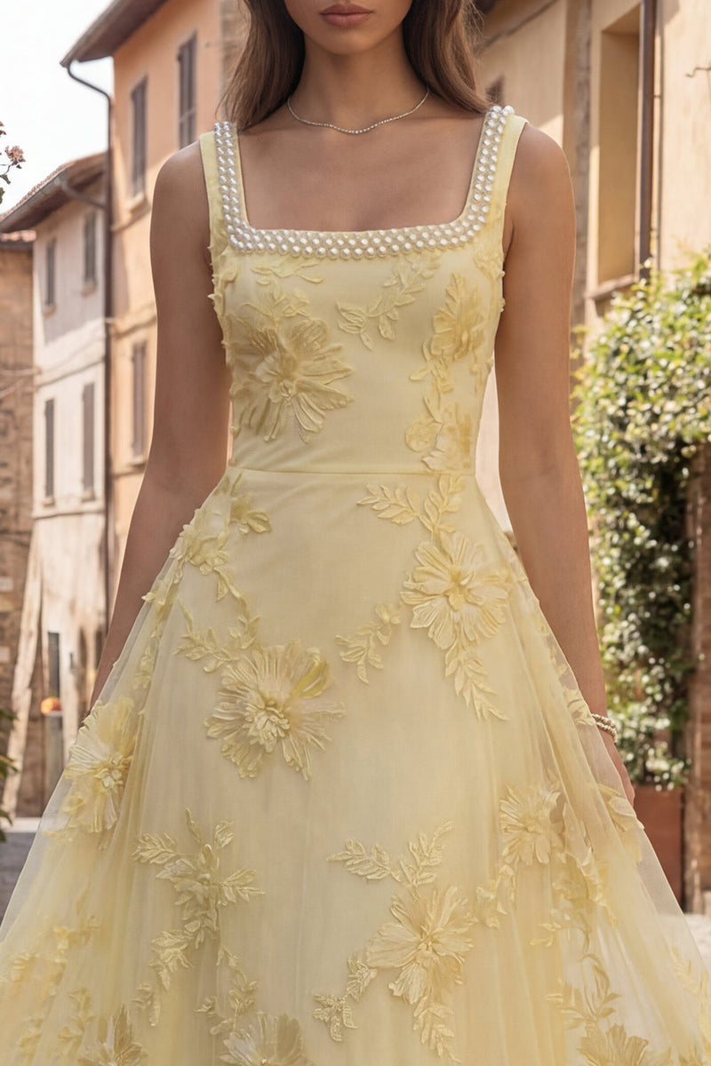 Load image into Gallery viewer, Floral Yellow Beaded Square Neck A Line Long Prom Dress