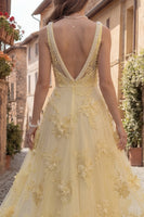 Load image into Gallery viewer, Floral Yellow Beaded Square Neck A Line Long Prom Dress