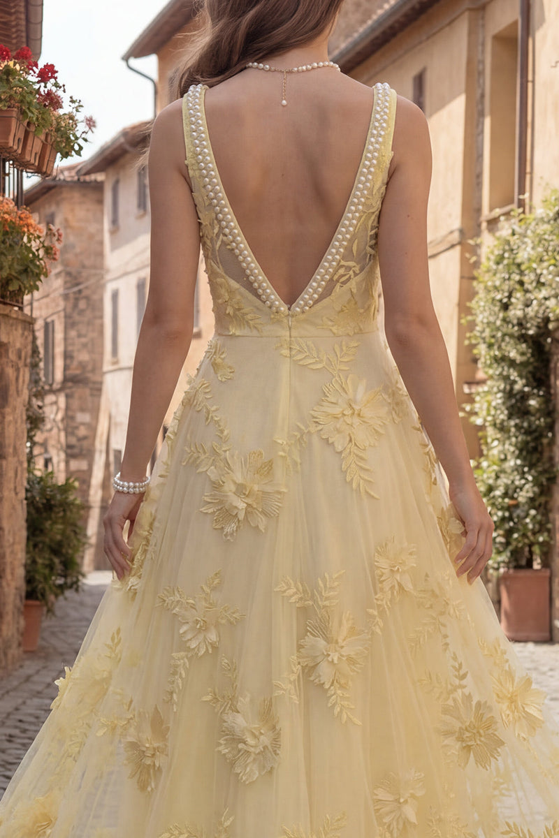 Load image into Gallery viewer, Floral Yellow Beaded Square Neck A Line Long Prom Dress