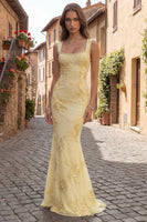 Load image into Gallery viewer, Floral Yellow Square Neck Mermaid Long Prom Dress with Pearls