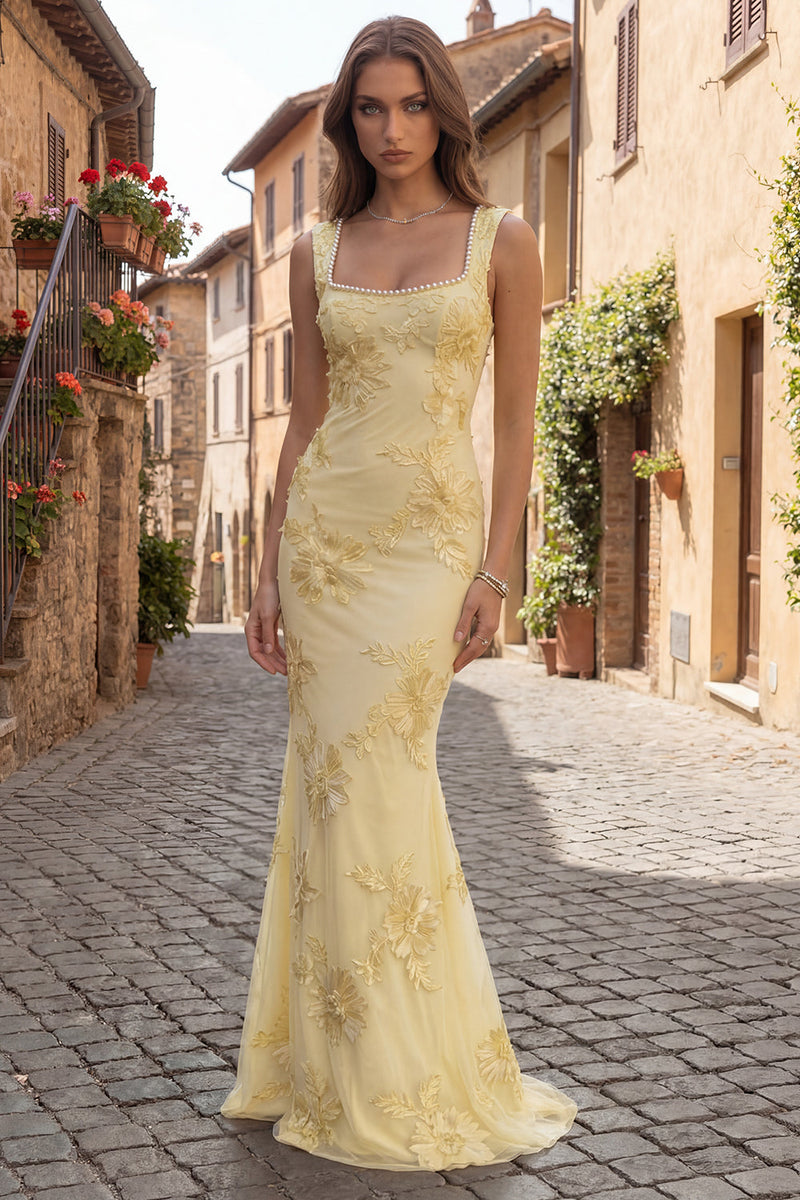 Load image into Gallery viewer, Floral Yellow Square Neck Mermaid Long Prom Dress with Pearls