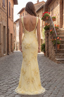 Load image into Gallery viewer, Floral Yellow Square Neck Mermaid Long Prom Dress with Pearls