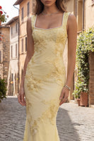 Load image into Gallery viewer, Floral Yellow Square Neck Mermaid Long Prom Dress with Pearls