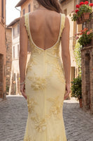 Load image into Gallery viewer, Floral Yellow Square Neck Mermaid Long Prom Dress with Pearls