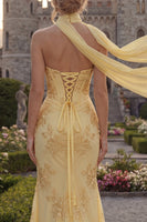 Load image into Gallery viewer, Yellow Floral Strapless Mermaid Long Corset Prom Dress with Slit