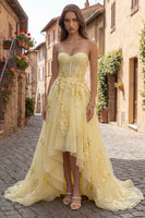 Load image into Gallery viewer, Yellow A Line Floral Strapless High-Low Corset Prom Dress with Ruffles