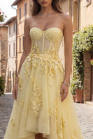 Load image into Gallery viewer, Yellow A Line Floral Strapless High-Low Corset Prom Dress with Ruffles