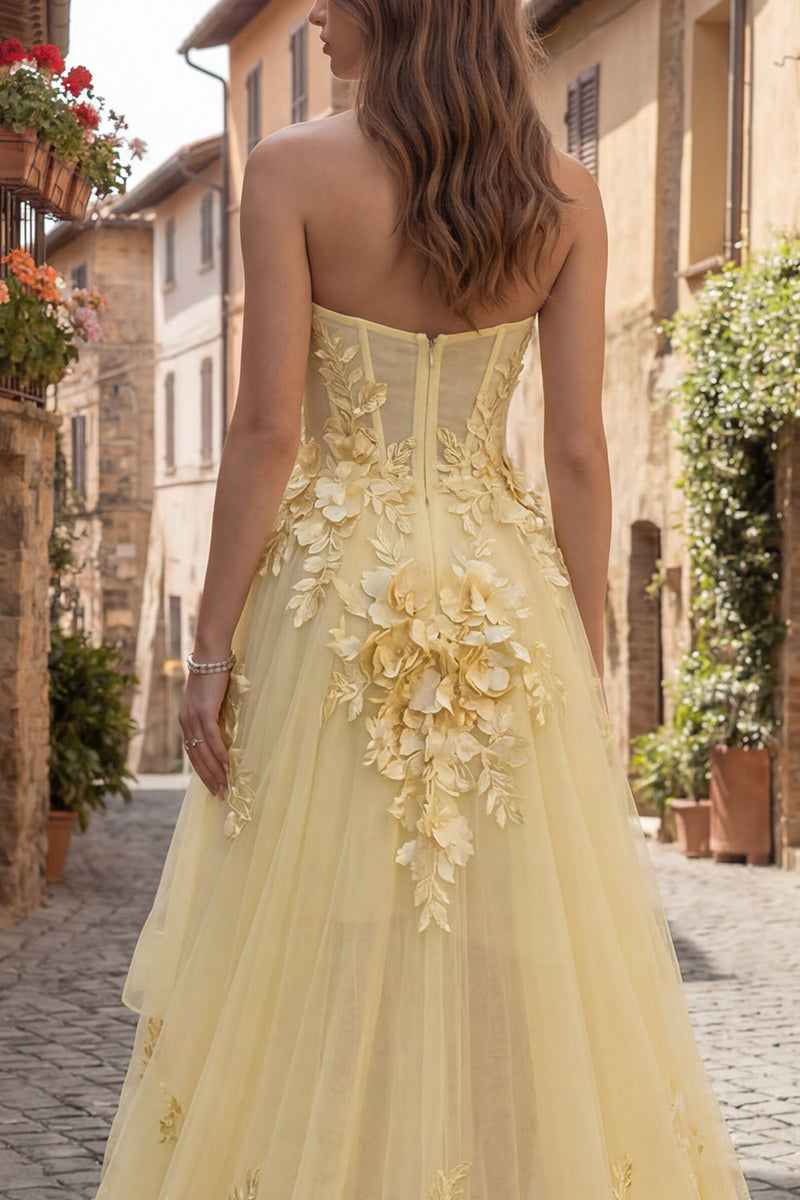 Load image into Gallery viewer, Yellow A Line Floral Strapless High-Low Corset Prom Dress with Ruffles